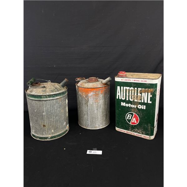 Vintage 2 Gallon BA Motor Oil Tin + 2 Old Gas Cans