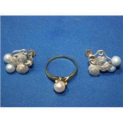 Sterling & Blue Pearl Earrings w/  Pearl Ring