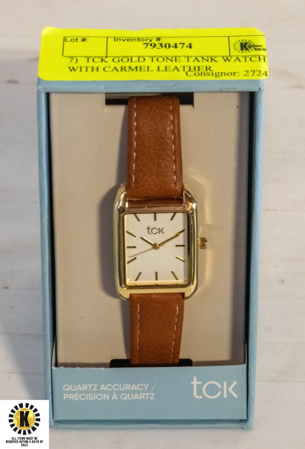 TCK GOLD TONE TANK WATCH WITH CARMEL LEATHER