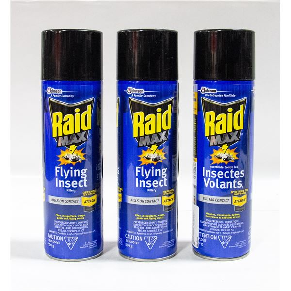 3 NEW 500G BOTTLES OF RAID MAX FLYING INSECT