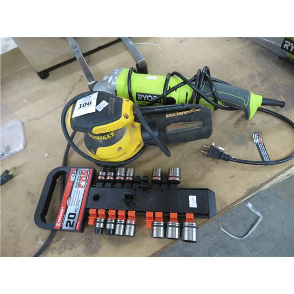 Ryobi Grinder, Dewalt Sander Socket Set (Incomplete)
