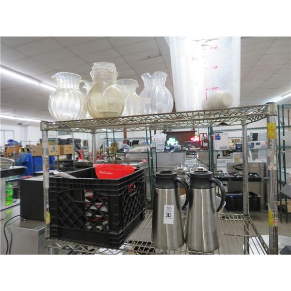 2 Shelf Lot Plastic Pitchers, Insulated Pitchers & Sandwich Baskets