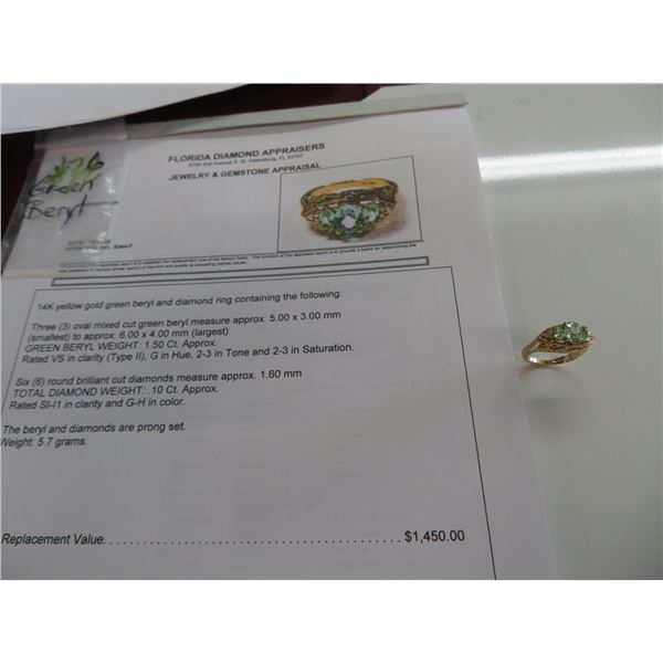 14K YG Green Beryl & Diamond Ring w/3 Oval Mixed Cut Green Beryl &