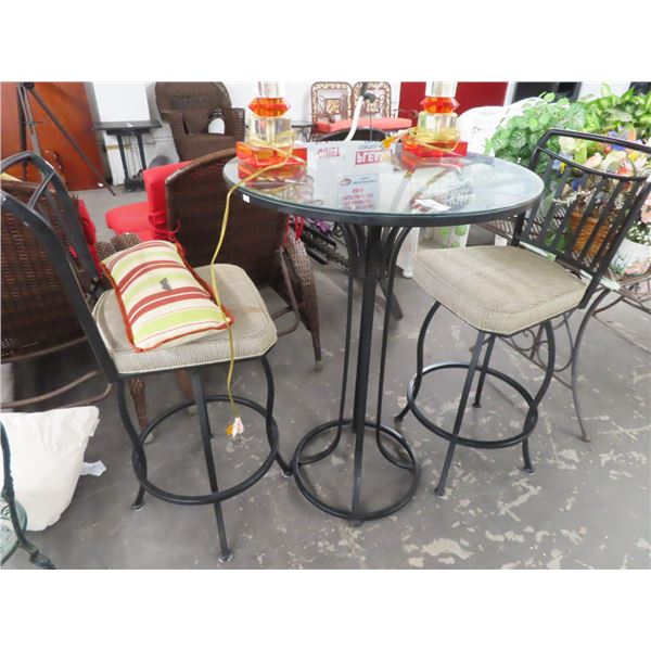 Metal Base Glasstop Pub Table w/2 Stools