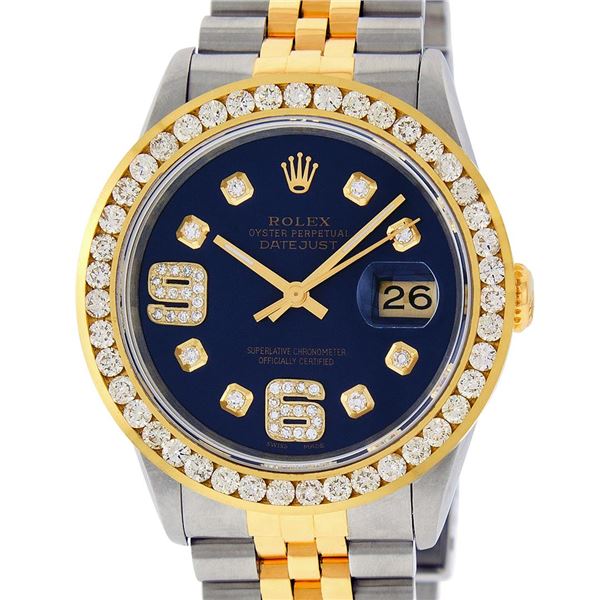 Rolex Mens Stainless Steel and Yellow Gold Blue VVS Diamond 36mm Datejust Jubile
