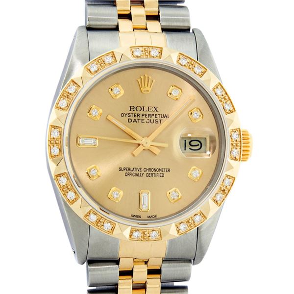 Rolex Mens 2 Tone Champagne Diamond Pyramid Bezel Datejust Wristwatch