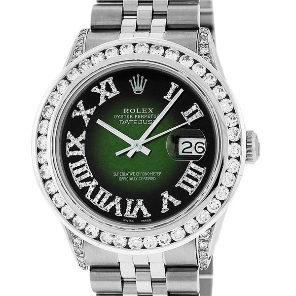 Rolex Mens Stainless Steel Green Vignette Roman Diamond Datejust Wristwatch