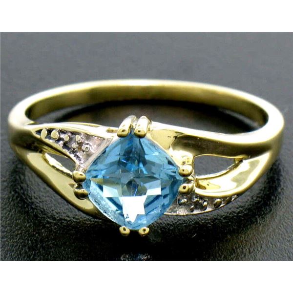 Solid 10k Yellow Gold Checkerboard Cushion Blue Topaz Ring w/ Diamond Accents