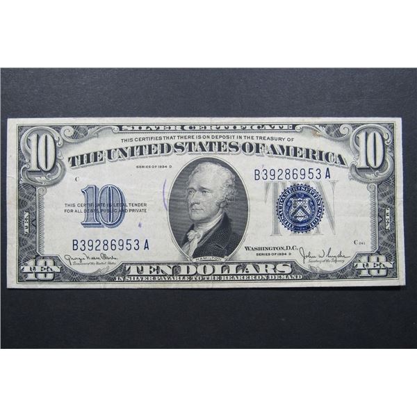 1934 $10 SILVER CERTIFICATE NICE CIRC