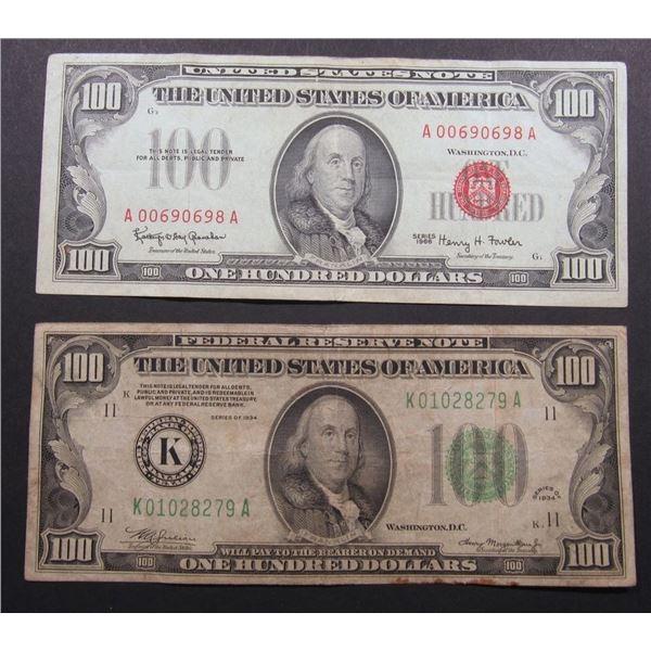 (2) $100 CURRENCY NOTES 1934 & 1966 RED SEAL