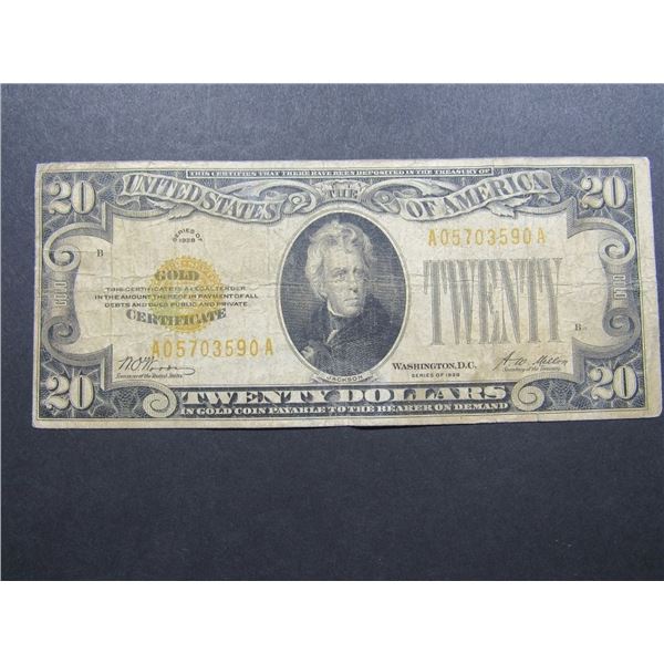 1929 $20 GOLD CERTIFICATE LEGAL TENDER