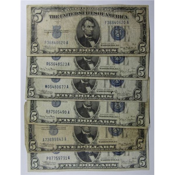 (6)1934 $5 SILVER CERTIFICATES