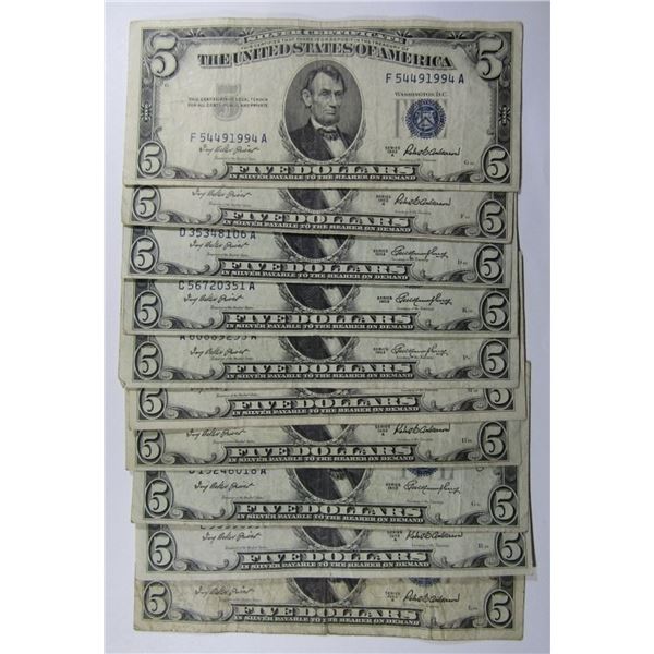 (10) 1953 $5 SILVER CERTIFICATES