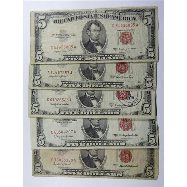 (5) 1953 $5 RED SEAL U.S. NOTES