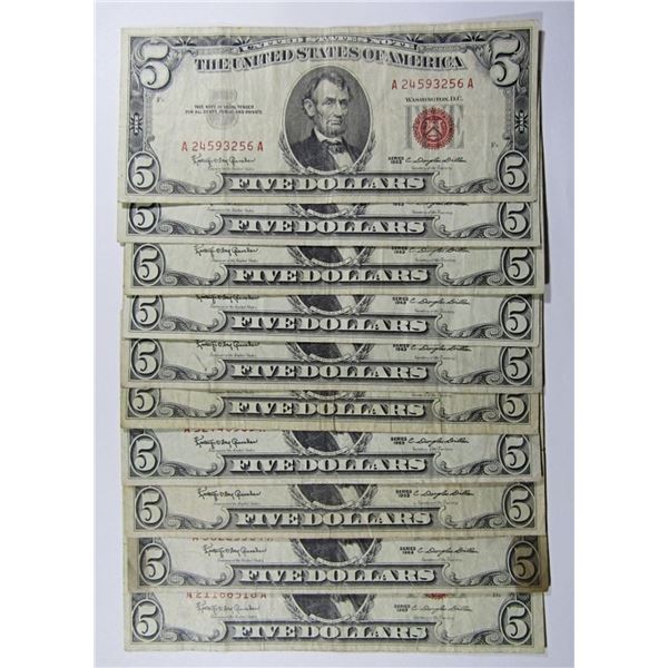 (10) 1963 $5 RED SEAL U.S. NOTES