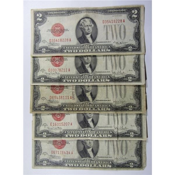 (5) 1928 $2 RED SEAL U.S. NOTES