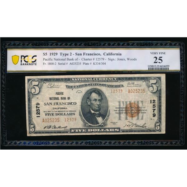 1929 $5 San Francisco CA National PCGS 25