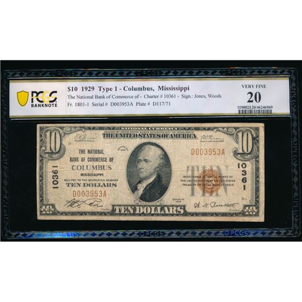 1929 $10 Columbus MS National PCGS 20