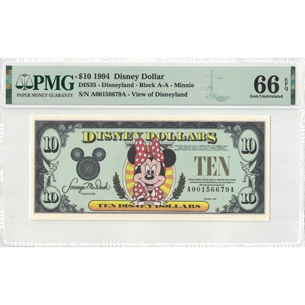 1994 $10 Minnie Disney Dollar PMG 66EPQ