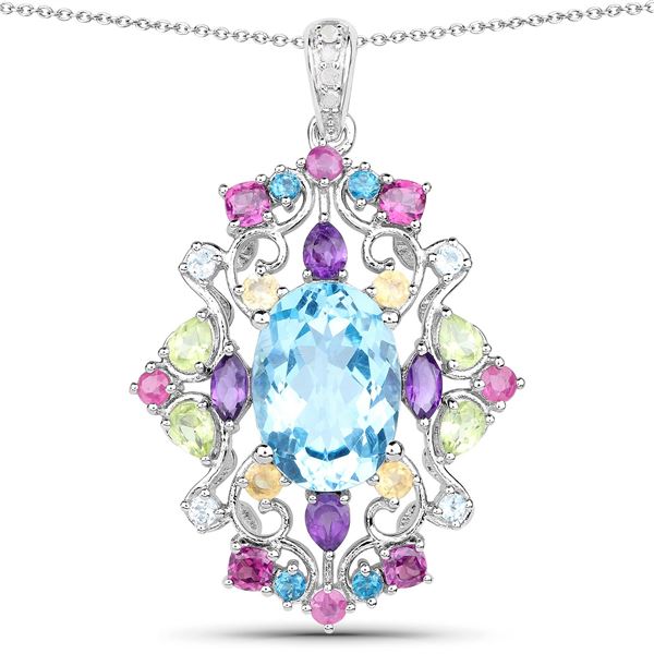 Plated Rhodium 10.43ctw Multi Color Gemstone Pendant with Chain