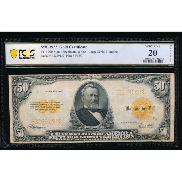 1922 $50 Gold Certificate PCGS 20