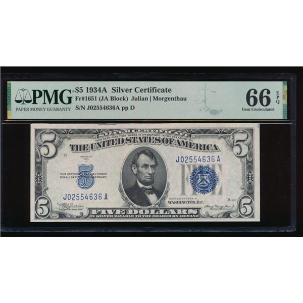 1934A $5 Silver Certificate PMG 66EPQ