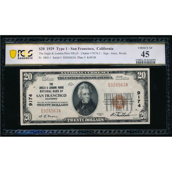 1929 $20 San Francisco CA National PCGS 45