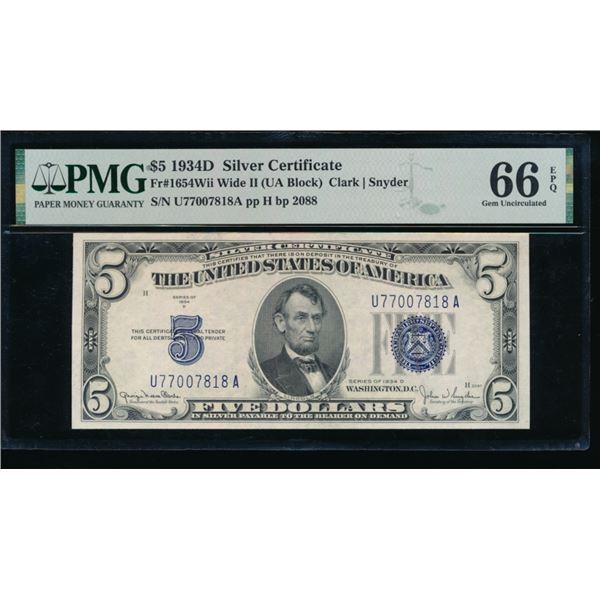1934D $5 Silver Certificate PMG 66EPQ