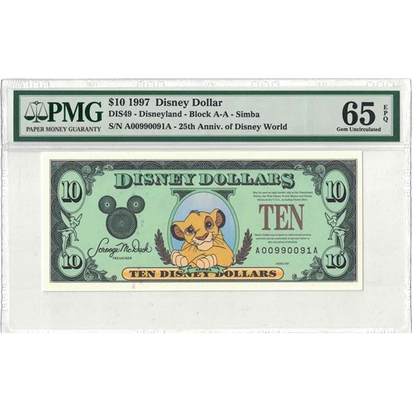 1997 $10 Simba Disney Dollar PMG 65EPQ