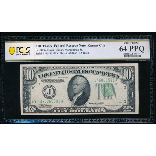 1934A $10 Kansas City FRN PCGS 64PPQ