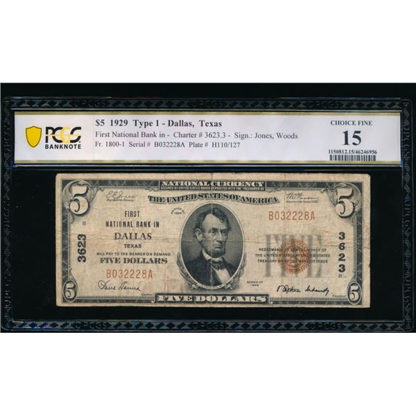 1929 $5 Dallas TX National PCGS 15
