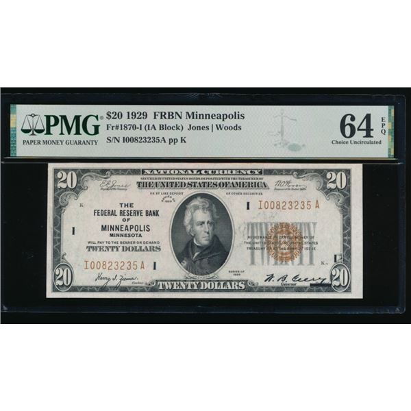 1929 $20 Minneapolis FRBN PMG 64EPQ