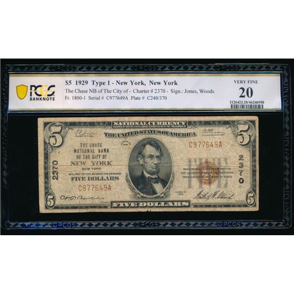 1929 $5 New York NY National PCGS 20