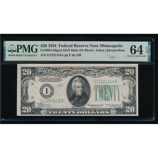 1934 $20 Minneapolis Mule FRN PMG 64EPQ