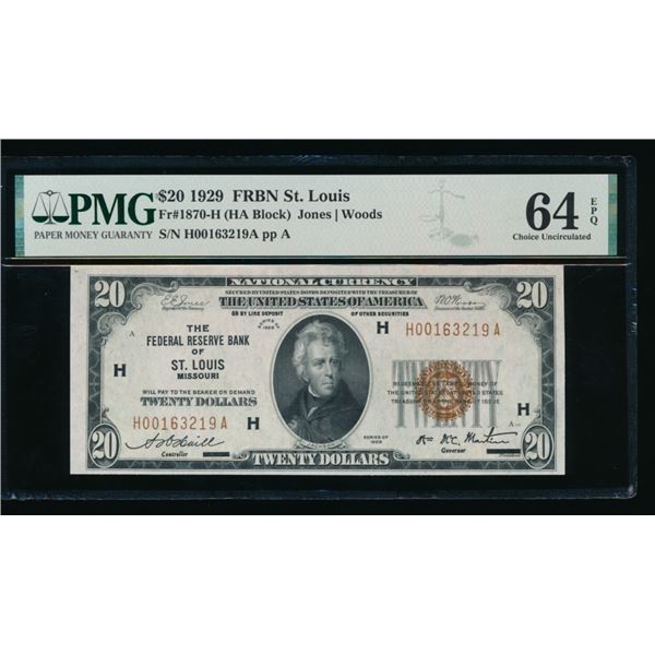 1929 $20 St Louis FRBN PMG 64EPQ