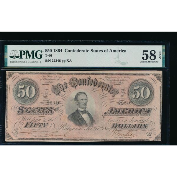 1864 $50 T-66 Confederate PMG 58EPQ