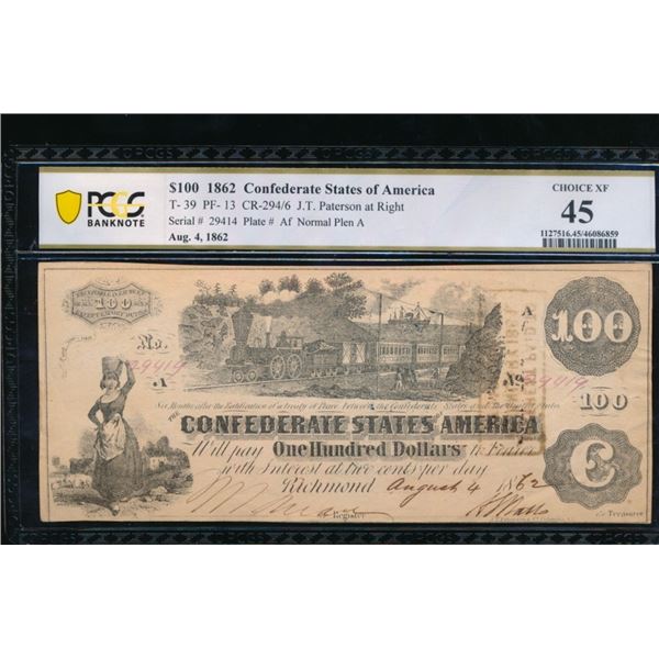 1862 $100 T-39 Confederate PCGS 45