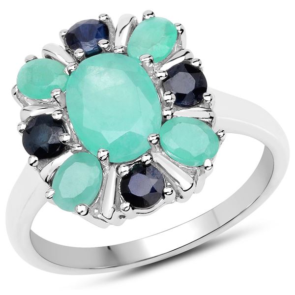 Rhodium Plated 1.61ctw Emerald and Blue Sapphire Ring