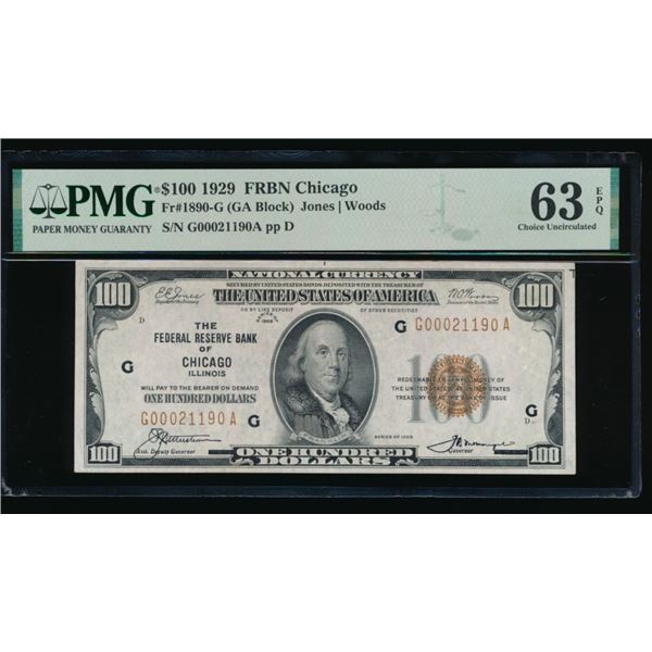 1929 $100 Chicago FRBN PMG 63EPQ