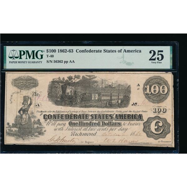 1862 $100 T-40 Confederate PMG 25