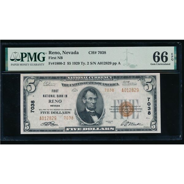 1929 $5 Reno NV National PMG 66EPQ