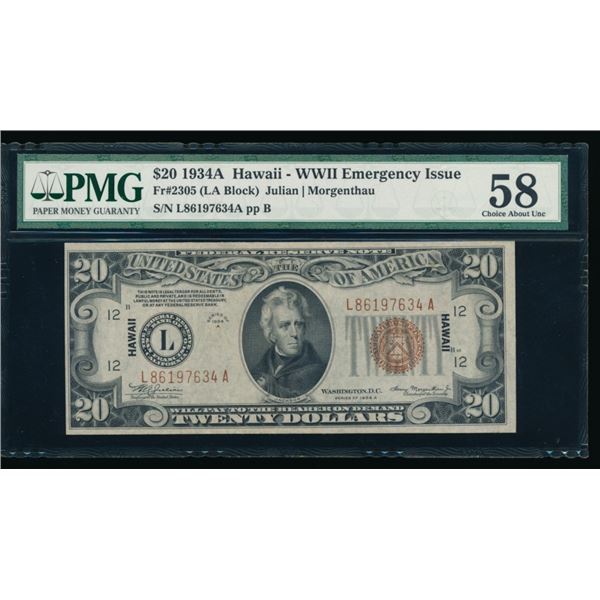 1934A $20 Hawaii FRN PMG 58