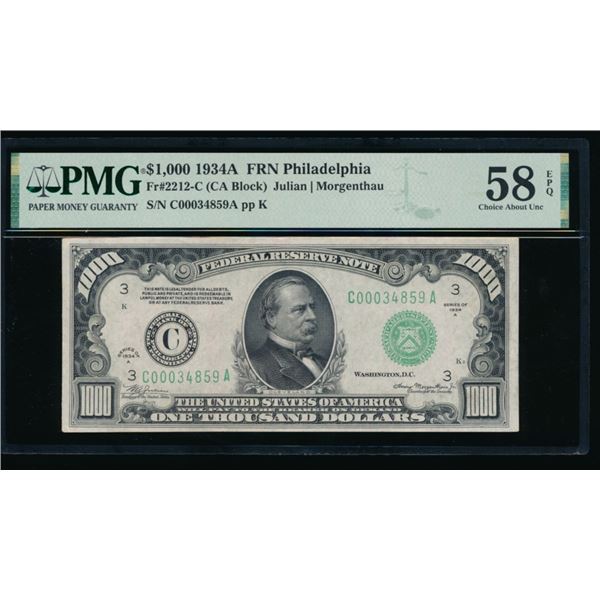 1934A $1000 Philadelphia FRN PMG 58EPQ
