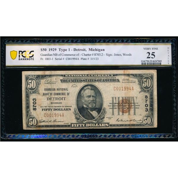 1929 $50 Detroit MI National PCGS 25