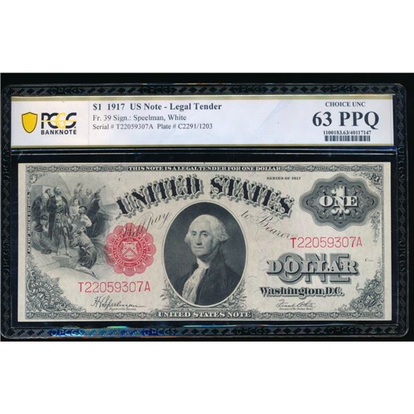 1917 $1 Legal Tender Note PCGS 63PPQ