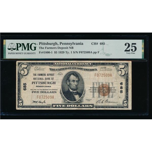 1929 $5 Pittsburgh PA National PMG 25