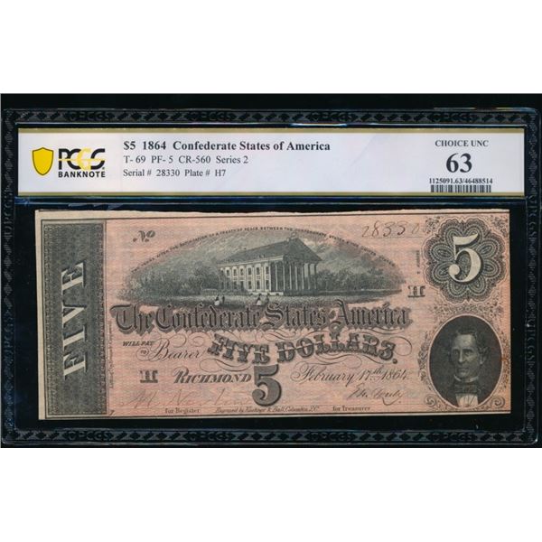 1864 $5 T-69 Confederate PCGS 63