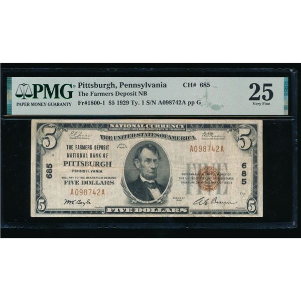 1929 $5 Pittsburgh PA National PMG 25