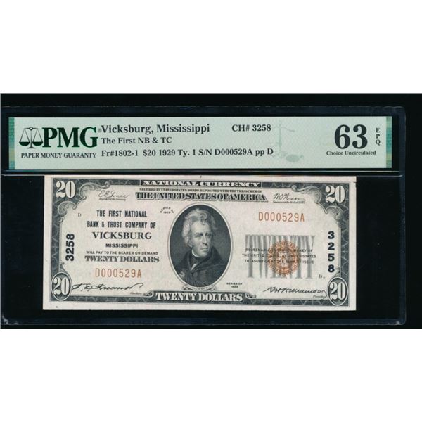 1929 $20 Vicksburg MS National Note PMG 63EPQ