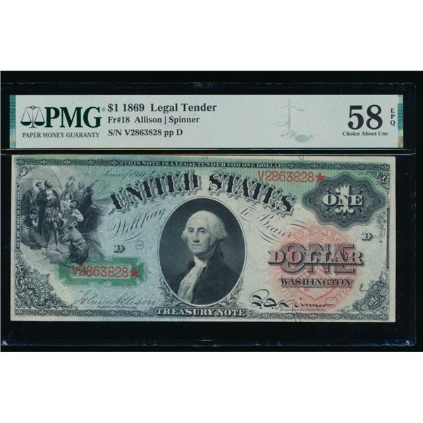 1869 $1 Rainbow Legal Tender Note PMG 58EPQ